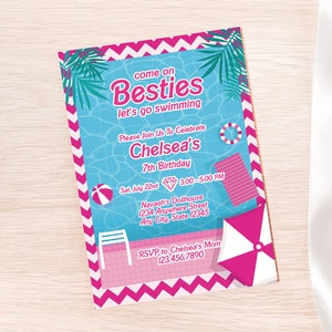 Doll Pool Party Invitation | Doll Birthday Party | Hot Pink Swimming Invite | Pink Doll Birthday Invitation | Doll Theme Invitation - PEBARB