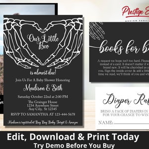 Skeleton Baby Shower Invitation Set - Halloween Baby Shower - Gothic Baby Shower Invite - A Little Boo Is Almost Due - PESSK1