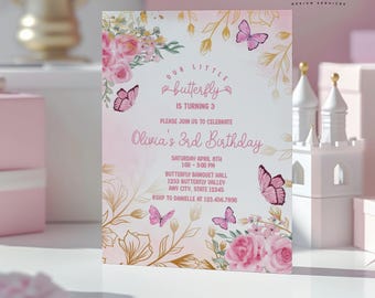 Pink Butterfly Birthday Invitation: Floral Garden Party (Digital Download)