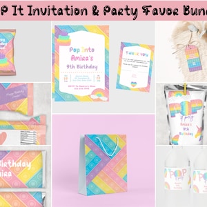 Pop It Birthday Invitation & Party Favor Bundle - Pastel Rainbow Pop It Fidget Birthday Party Decor - Printable Instant Download