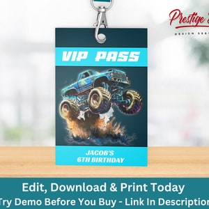 Monster Truck VIP Pass, Monster Truck Party, Birthday Access, VIP Crew Pass, Truck Rally All Access Badge - PEMONS