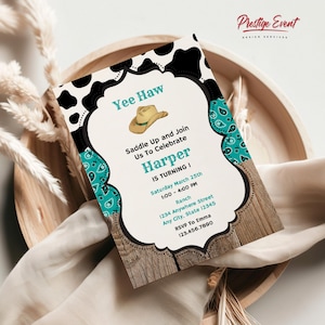 Teal Cowgirl Birthday Party Invitation | Western Theme | Rodeo Celebration | Country Style Design Invite - PEC200