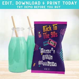Bolsas de chips de fiesta de los 90 - Envoltura de chips de cumpleaños de los 90 - Favores de fiesta de los 90 - Bolsa de favores de los 90 - Etiqueta de bolsa de chips de los 90 - PE90s