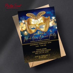 Masquerade Invitation, Gold Mask Invite, Masquerade Ball, New Year&#39;s Eve Party, Sweet 16 Birthday, Prom Flyer- MARDI