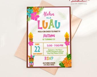 Tiki Luau Birthday Invite, Hawaiian Party Decor, Summer Birthday Invitation, Aloha Theme - PETROPIC