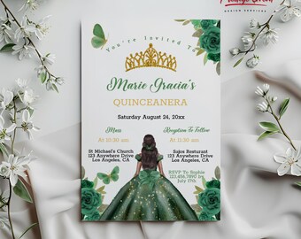 Emerald Green Quinceañera Invitation: Gold Accents (Instant Download)