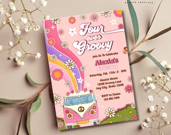 Retro 4e verjaardagsuitnodiging: Fourever Groovy, boho madeliefje-thema (digitale download)