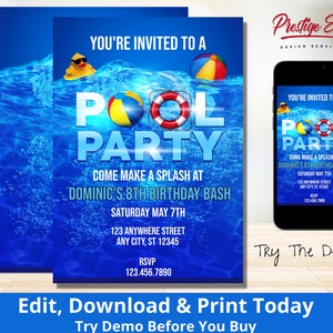 Pool Party Invitation - Birthday Swimming Invite - Pool Theme Birthday Party - Printable Download- PES003