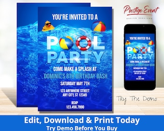 Pool Party Invitation - Birthday Swimming Invite - Pool Theme Birthday Party - Printable Download- PES003