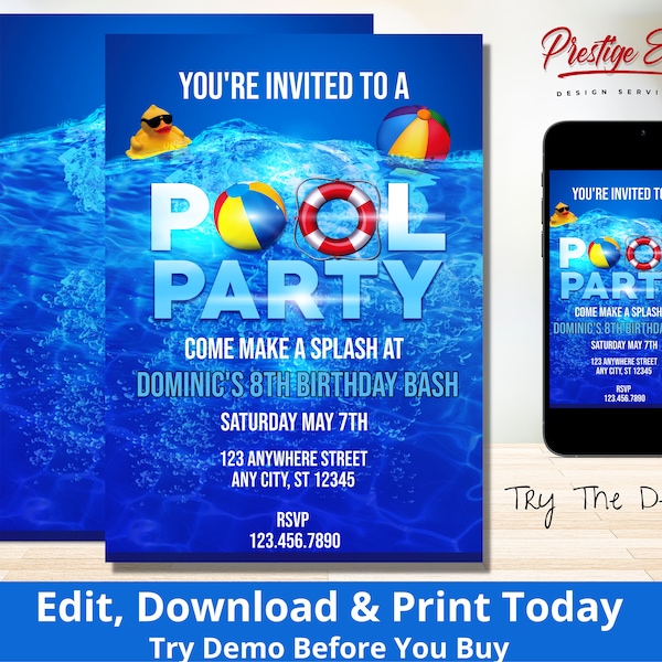 Uitnodiging voor het feest van het zwembad - verjaardag zwemmen uitnodigen - zwembad thema verjaardagsfeestje - afdrukbare download-PES003