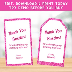 Doll Favor Tags - Pink Glitter Thank You Tags - Girls Favor Tags - Malibu Doll Theme Printable Favor Tags - PEBARB