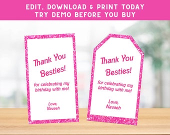 Doll Favor Tags - Pink Glitter Thank You Tags - Girls Favor Tags - Malibu Doll Theme Printable Favor Tags - PEBARB
