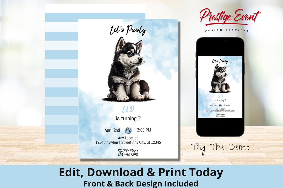 Husky Invitation Puppy Party Siberian Husky Birthday Party Invite Dog