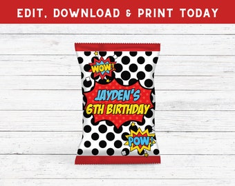 Envoltorio para bolsas de patatas fritas de superhéroes: Recuerdo personalizado para fiestas de cumpleaños (Descarga digital)