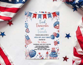 4th of July BBQ Invitation: Patriotic Red, White, and Blue (Digital Download)