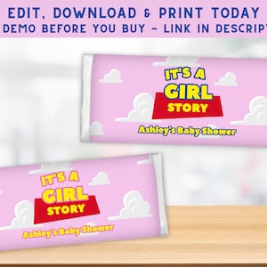 Embalagem de chocolate Girl Story - Lembrancinhas de chá de bebê rosa Toy Story - Barra de chocolate para impressão - Etiquetas de barra de chocolate para chá de bebê de menina - PES0