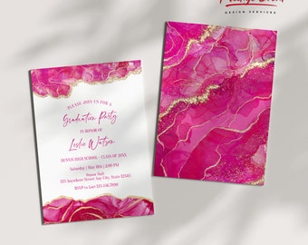 Pink Agate Graduation Invitation: Gold Glitter Marble Geode (Editable Template)
