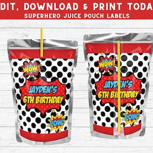Superhero Juice Pouch - Custom Birthday Drink Label - Superhero Theme - Superhero Favors- PES109