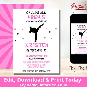 Ninja Invitation -  Girl Ninja Party - Pink Ninja Invite - Ninja Birthday Party - Pink Ninja Warrior Girl - Girl Karate Party - PENINJA