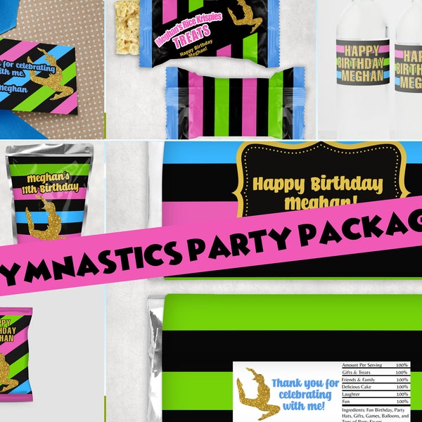 Gymnastics Party Favors Bundle - Gymnastics Juice - Gymnastics Chocolate Wrapper - Gymnastics Chip Bag - Gymnastics Krispies -PES006