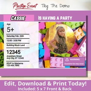 Building Block Photo Invitation - Brick Party - Pink Blocks Photo Invite - Colorful Bricks Birthday Theme - Girls Birthday Invite- PES105