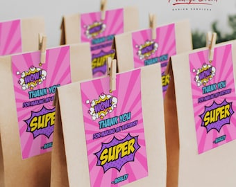Pink Superhero Thank You Tags: Girl Birthday Party Favors (Digital Download)