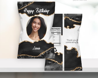Agate Birthday Chip Bag Wrapper: Black & Gold Favor (Digital Template)