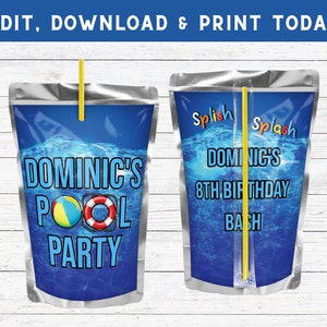 Pool Party Juice Pouch -  Personalized Juice Labels - Water Bottle Labels -  Digital Download Party Favors- PES003