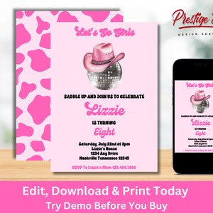 Pink Disco Cowgirl Invitation | Disco Cowgirl Birthday Invite | Editable Template | Nashville Party | Space Cowgirl  - PEDISCOW