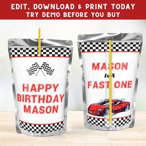 May include: Two silver juice boxes with a checkered racing theme. One box says "Happy Birthday Mason" with a checkered flag design. The other box says "Mason is a Fast One" with a red race car graphic.