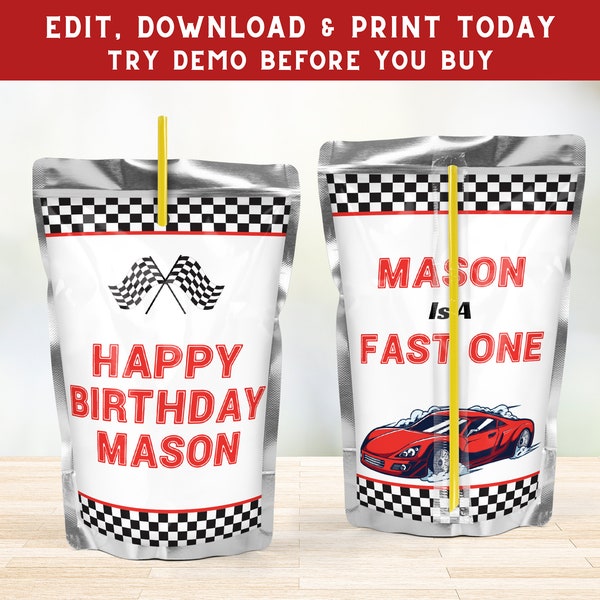 Race Car Juice Label - Racing Party Favor - Printable Birthday Juice Label - Juice Pouch Wrapper - Racecar Party Decor - PECA6