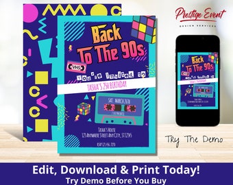 Verjaardagsuitnodiging jaren 90: retro-themafeest (digitale download)