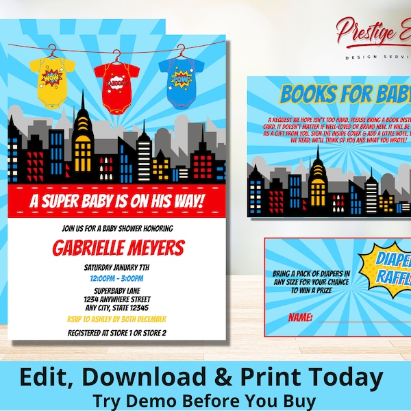 Super Hero Baby Shower Invitation Bundle - Super Baby Theme - Books For Baby - Diaper Raffle - Invitation Insert - Gender Reveal - PES109