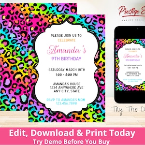 May include: A colorful invitation with a leopard print background. The invitation is for Amanda's 9th birthday party. The text on the invitation says "Please join us to celebrate Amanda's 9th birthday. Saturday March 18th 1:00 - 4:00 PM. Amanda's House 1234 Anywhere Ave Any City, State. RSVP to Amanda's Mom 123.456.7890".