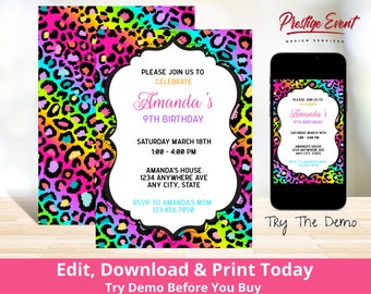 Rainbow Leopard Invitation - Leopard Print Invite - Leopard Birthday Invitation - Party Animal Theme - Rainbow Cheetah Invite - PELEO