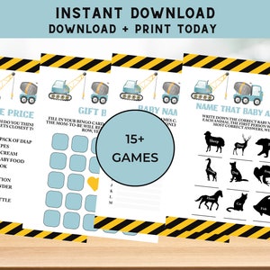 May include: A set of 15 printable baby shower games with a construction theme. The games include "The Price", "Gift Bingo", "Baby Names", and "Name That Baby Animal".