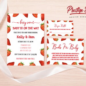 Strawberry Baby Shower Invitation Set | Berry Sweet Baby Shower Invitation | Books For Baby | Diaper Raffle | Invitation Insert - PESTRAW