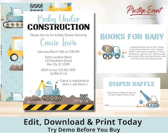 Construction Baby Shower Bundle - Under Construction Theme - Construction Baby invite - Diaper Raffle - Book Request - PEC311