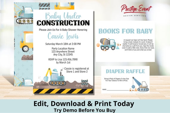 Construction Baby Shower Bundle - Under Construction Theme - Construction Baby invite - Diaper Raffle - Book Request - PEC311 Il_570xn