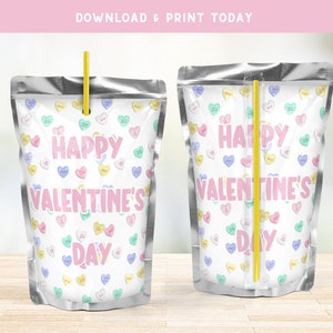 May include: A printable design for a juice box featuring a white background with a pattern of colorful candy hearts and the text "Happy Valentine's Day".