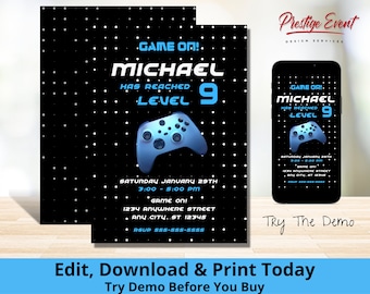 ビデオゲームをテーマにした誕生日パーティー招待状：レベルアップパーティー（デジタルダウンロード版）