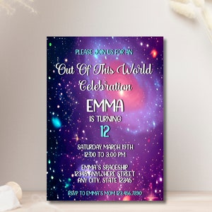 Invito per festa di compleanno a tema galassia / Tema spazio viola / Celebrazione sotto le stelle / Inviti a tema spazio / Forniture per feste cosmiche - PEGALAX