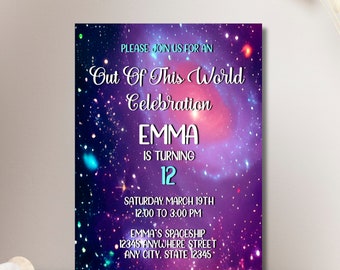 Galaxy Birthday Party Invitation | Purple Space Theme | Under the Stars Celebration | Outer Space Invites | Cosmic Party Supplies - PEGALAX