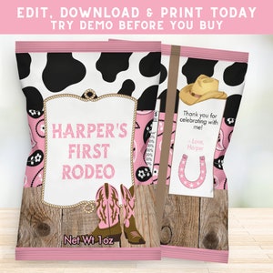 Cowgirl Chip Bags - Western Chip Bag Wrapper - Custom Chip Bag Labels - Cowgirl Party - Printable Chip Bag- PEC200