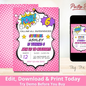 Girl Superhero Invitation - Girl Superhero Comic Birthday Invite - Girl Superhero Birthday Invitation - Superhero Party -Comic Girl - PES109