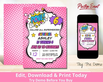 Girl Superhero Birthday Invitation: Comic Party Invite (Digital Download)