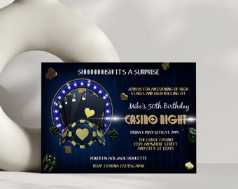 May include: A blue and gold casino themed invitation for Mike's 50th birthday party. The invitation features playing cards, poker chips, dice, and the text "SHHHHHHHSH! IT'S A SURPRISE" and "Mike's 50th Birthday CASINO NIGHT".