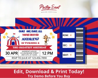 Carnival Ticket Invitation - Circus Birthday Invitation - Circus Party Invite - Vintage Circus Ticket - Carnival Themed Party - PECIRCUS