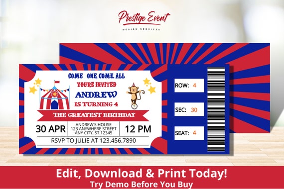 Circus Ticket Invitation - Circus Birthday Invitation - Circus Party Invite - Vintage Circus Ticket - Circus Themed Party - PECIRCUS Il_570xn