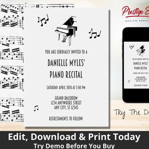 Op de afbeelding: Een zwart-witte piano recital uitnodiging met muzieknoten en een piano-illustratie. De uitnodigingstekst luidt: "U bent van harte uitgenodigd voor een piano recital van Danielle Myles, zaterdag 30 april om 19:00 uur, Grand Ballroom, 1234 Anywhere Street, Any City, ST 12345, aansluitend hapjes en drankjes."